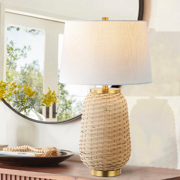Chakrii 25" Rustic Bohemian Iron/Rattan LED Table Lamp with Pull-Chain - JONATHAN Y